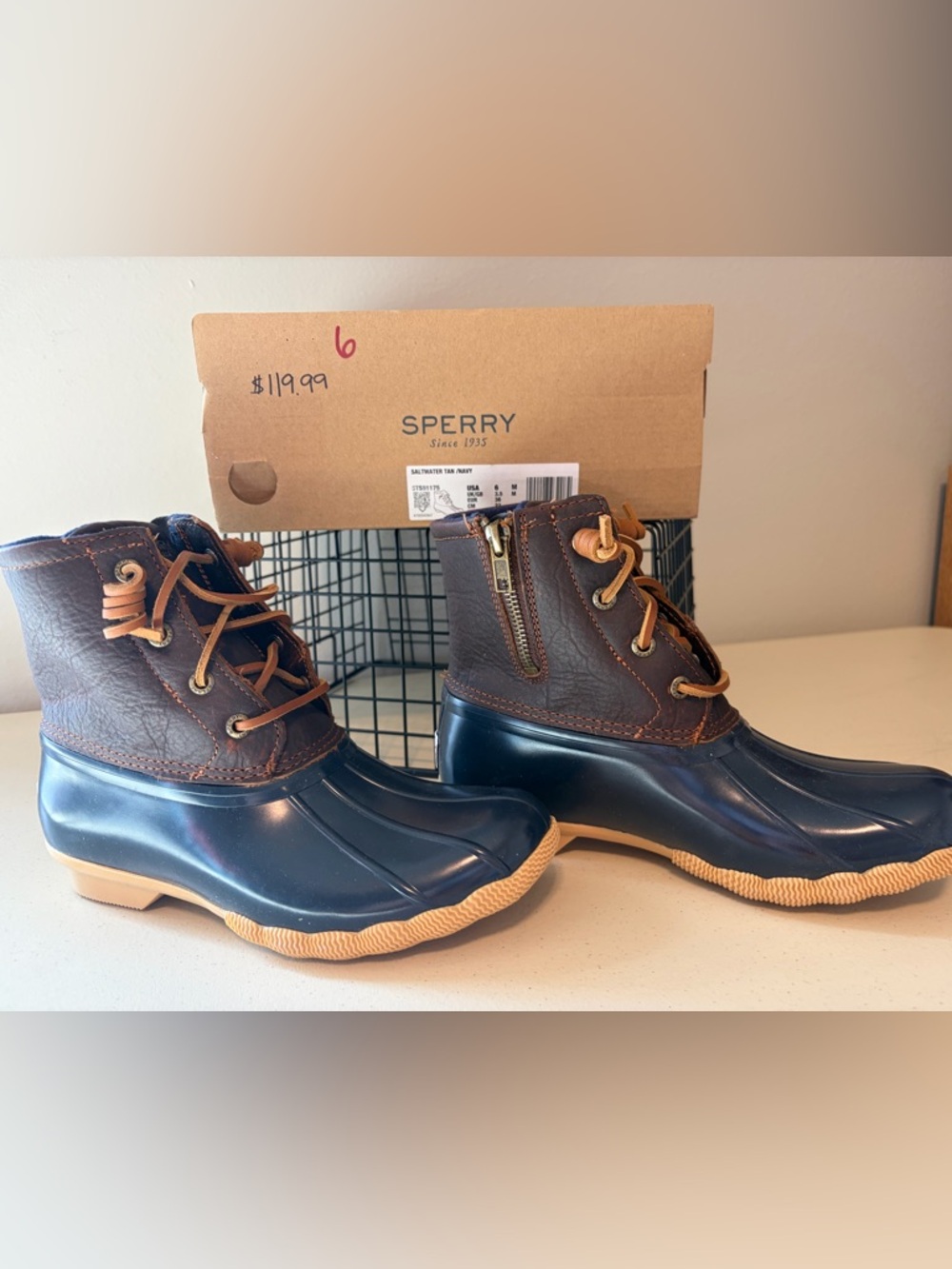Sperry Navy & Brown Waterproof Duck Boots with Tan Sole - Picture 3 of 12